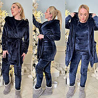 Теплая зимняя женская пижама из махры кофта штаны халат , пижама на подарок домашний махровый комплект тройка Синий, 42/44