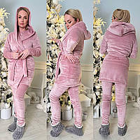Теплая зимняя женская пижама из махры кофта штаны халат , пижама на подарок домашний махровый комплект тройка Пудра, 42/44