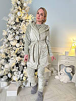 Теплая зимняя женская пижама из махры кофта штаны халат , пижама на подарок домашний махровый комплект тройка Олива, 42/44