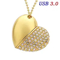 JASTER флешка у формі серця 64 Гб USB 3.0 швидкісна золота з камінням і ланцюжком