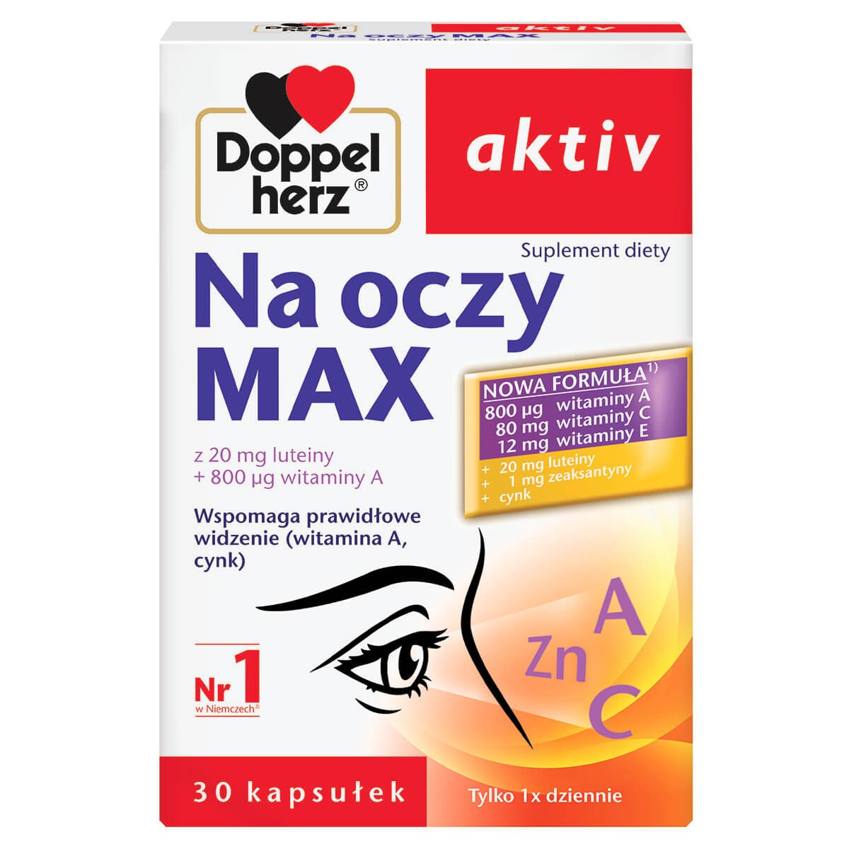 Doppelherz aktiv Na oczy MAX з лютеїном, зеаксантином, вітаміном А, цинком, 30 капсул. До 01/2027, фото 1