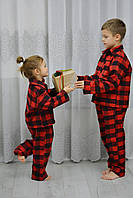 Family look Стильная детская пижама 128-158 на пуговицах котон+байка (штаны и кофта) красная клетка