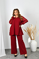 Костюм жіночий вечірній бордовий штани та туніка з гіпюром великого розміру 52-66. 104350