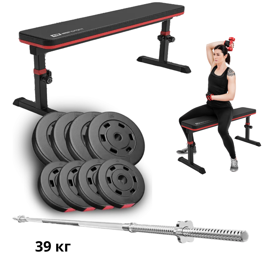 Набір Hop-Sport Premium 39 кг з лавою HS-1025 Pro та штангою, фото 1