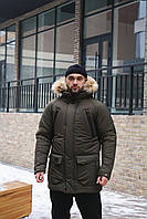 Зимняя мужская парка утепленная с капюшоном, стильная теплая куртка пуховик удлиненная хаки зима HotWint