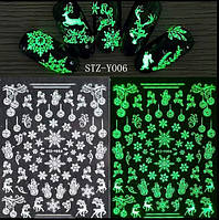 Наклейки для ногтей 3D светящиеся STZ-Y006, снежинки и олени