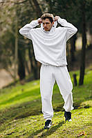 Білий чоловічий утеплений повсякденний спортивний костюм оверсайз, чоловічий білий теплий спортивний костюм