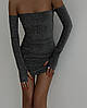 Срібляста жіноча вишукана облягаюча силуетна міні-сукня з люрексу з чокером та рукавичками, фото 7