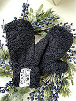 Черные теплые женские зимние перчатки-варежки мех Тедди (внутри трехнитка на флисе)