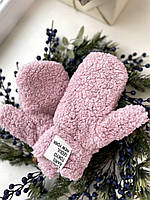 Пудровые теплые женские зимние перчатки-варежки мех Тедди (внутри трехнитка на флисе)