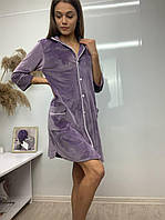 Якісна жіноча велюрова сорочка-халат на ґудзиках в лавандовому кольорі т.м Lekol