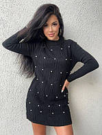 Теплое вязаное женское платье туника Анна декорированное жемчужинами Smmk8856