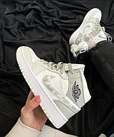 Женские кроссовки Nike Air Jordan 1 mid Grey camo Найк Аир Джордан высокие серые