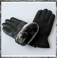 Чоловічі шкіряні рукавички зимові штучне хутро чорні