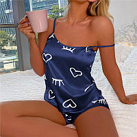 Пижама женская атласная. Пижамный комплект с сердечками. Эротический комплект синий М ( размер 44)