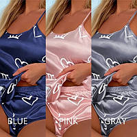 Пижама женская атласная. Пижамный комплект с сердечками. Эротический комплект синий М ( размер 46)