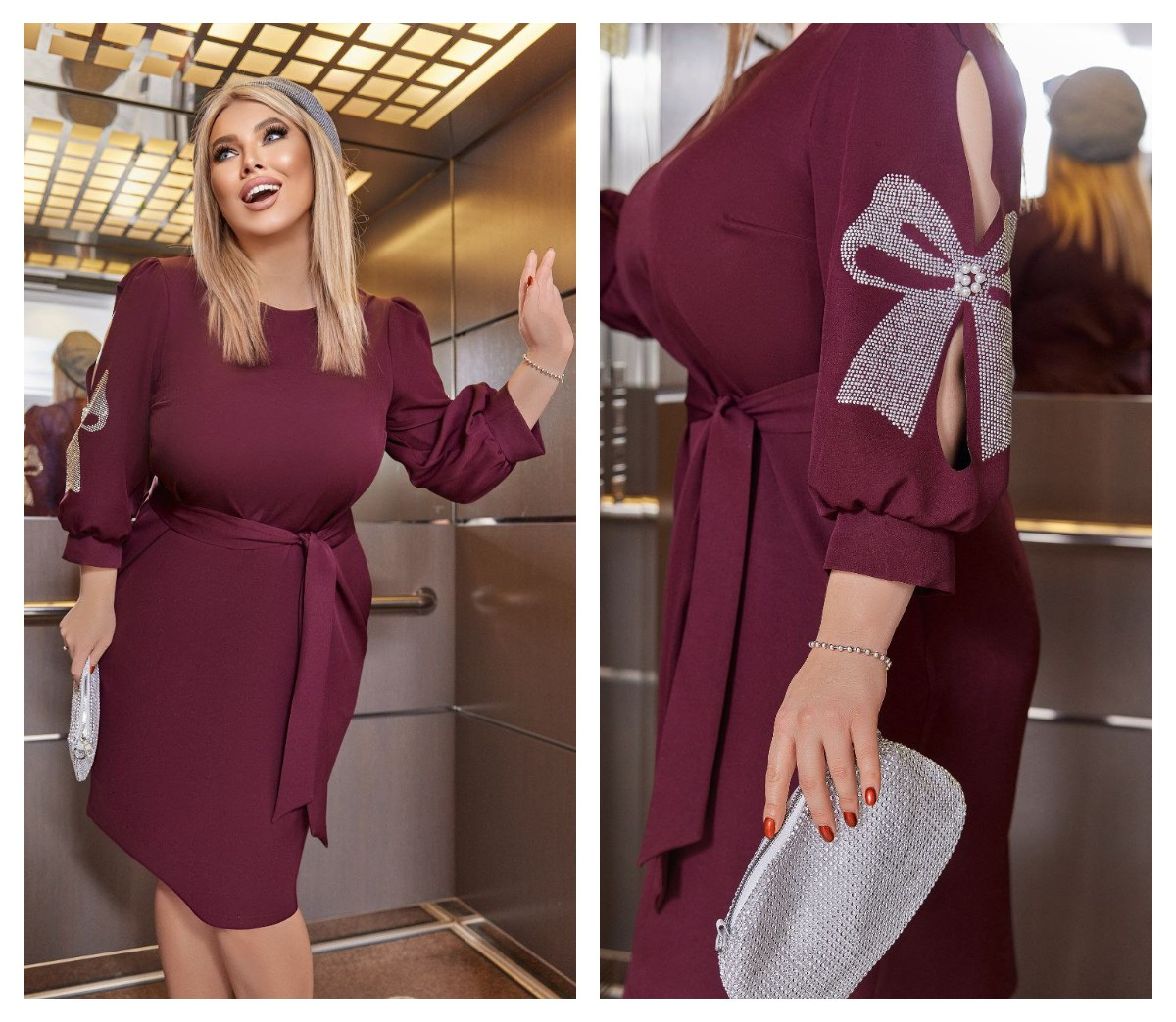 Жіноча стильна марсалова сукня міді з поясом і вирізами на рукавах батал, фото 1