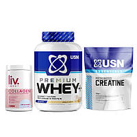 Whey+ Premium Protein (2 kg vanilla) + Essentials Micronized Creatine (500 g) + LivSmart Collagen (330 g unflavoured)