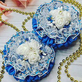 Бантик для волосся в українському стилі на заколкі (синій з білим під вишиванку, шкільний ручної роботи, в школу канзаші)