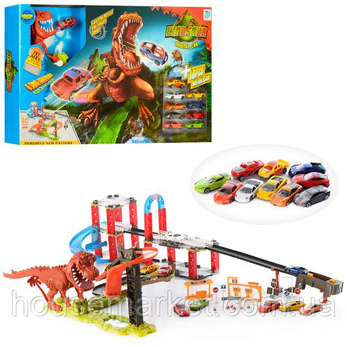 Детский автотрек Динозавр Рекс в городе, 8шт машинок, автозаправка, дорожные знаки, пусковое устройство - фото 1 - id-p2048535500