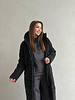 Женский теплый спортивный костюм-тройка со стеганым пальто из бархатной плащевки размеры S-L Графит, S