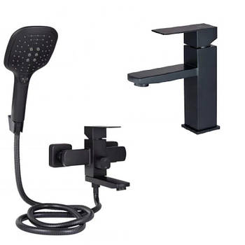 Набір змішувач для ванни та умивальника Lidz із нержавіючої сталі квадратний чорний матовий