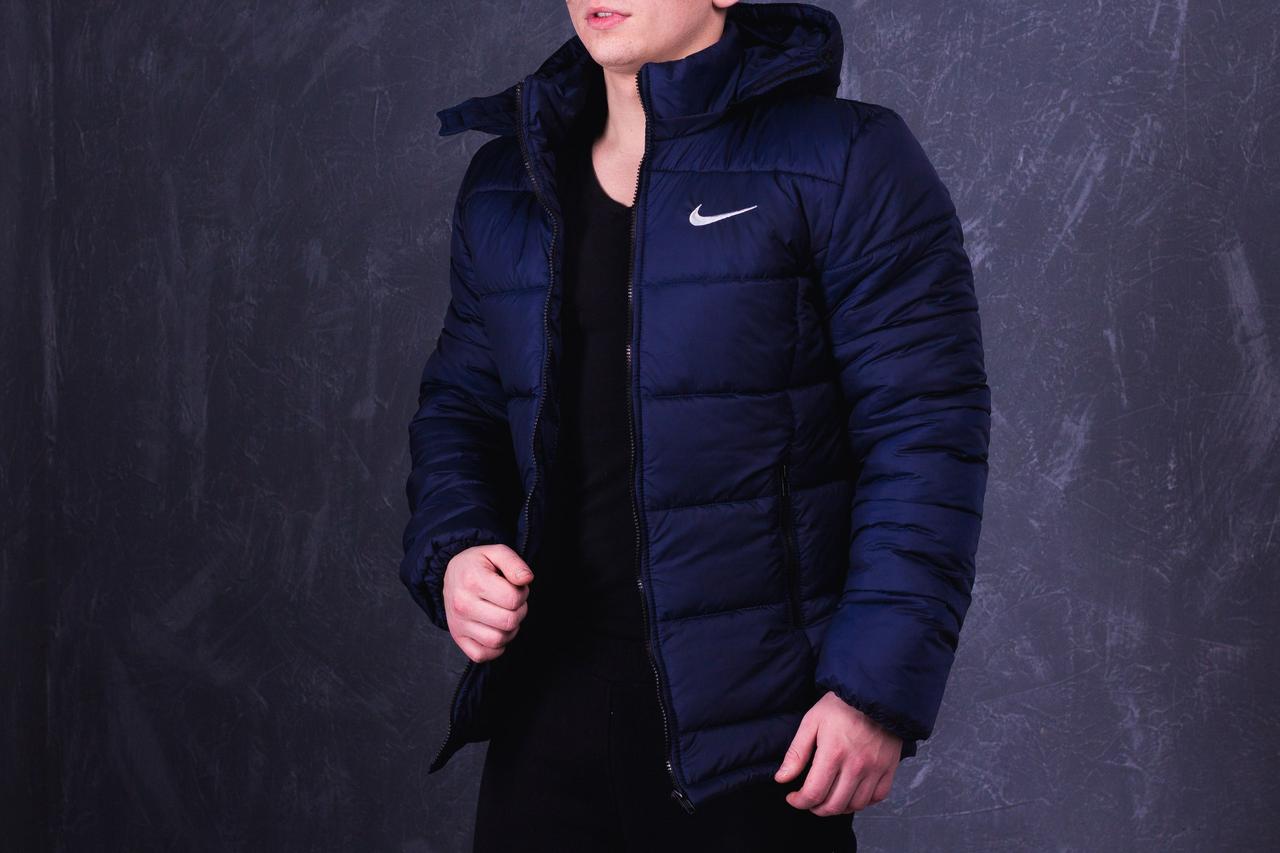 Куртка чоловіча зимова Nike до -25°С синя тепла на флісі з капюшоном пуховик чоловічий зимовий найк