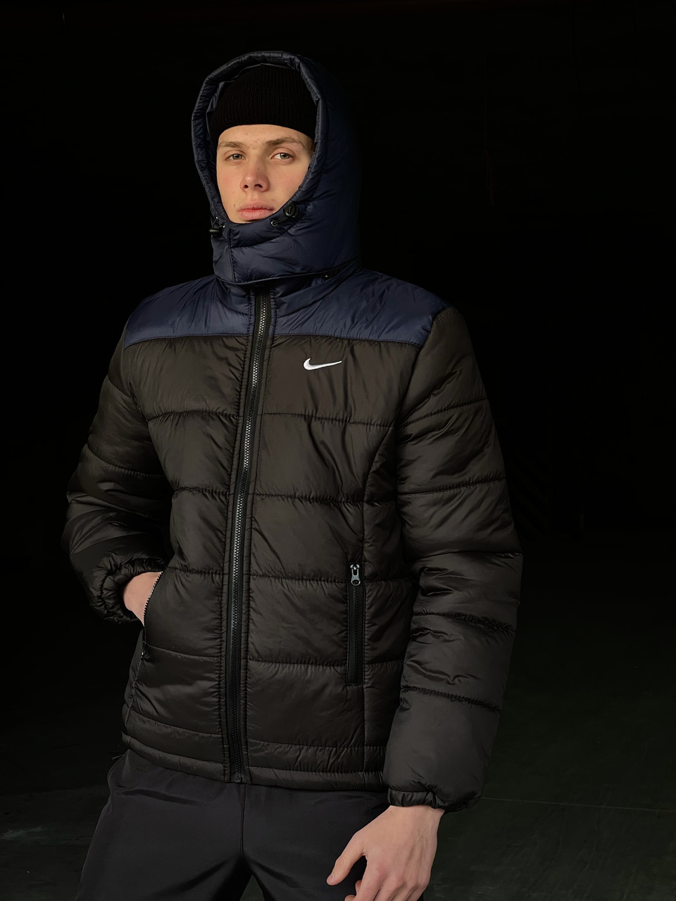 Куртка чоловіча зимова Nike до -25°С тепла на флісі з капюшоном чорно-синя пуховик найк