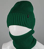 Комплект шапка-резинка с отворотом на флисе + Баф на флисе (230701), Т. Зеленый