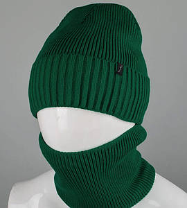 Комплект шапка-резинка з відворотом на флісі + Баф на філсі (230701), Т. Зелений