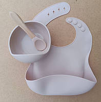Набор детской силиконовой посуды, нагрудник ложка вилка 3 предметов