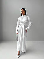 Платье - макси женское длинное, атласное, с длинным рукавом нарядное, вечернее , Белый, S, M, L, XL