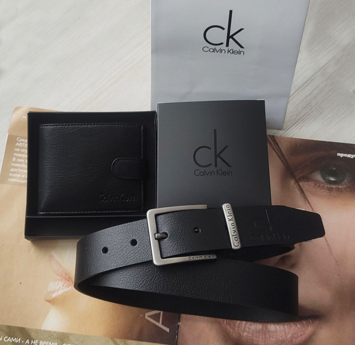 Чоловічий подарунковий набір Calvin Klein ремінь і гаманець black