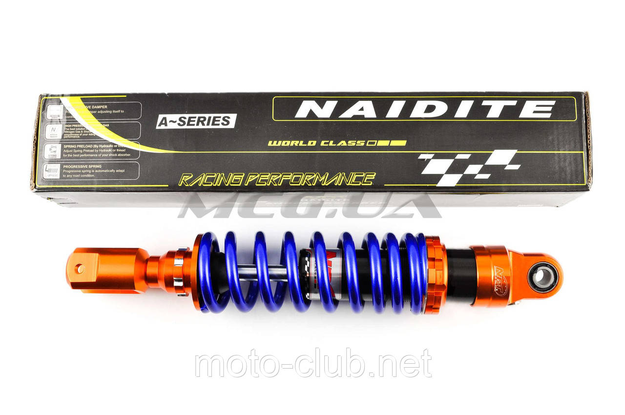 Амортизатор на скутер GY6 350 mm, тюнінговий "NDT" (жовтогарячо-синій)