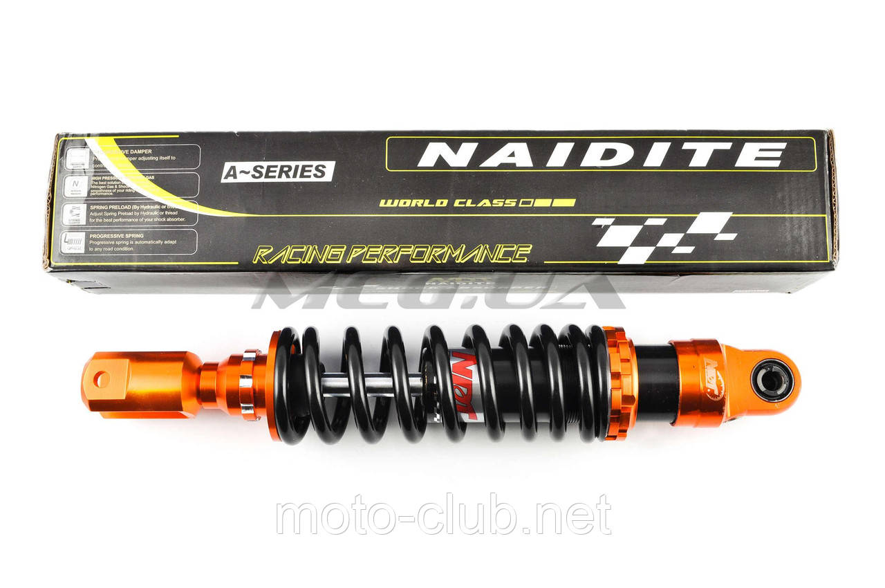 Амортизатор на скутер GY6, DIO ZX 310 mm, тюнінговий "NDT" (жовтогарячо-чорний)