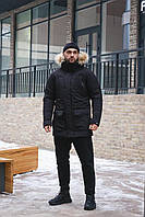 Куртка парка мужская зимняя теплая черная с меховым капюшоном