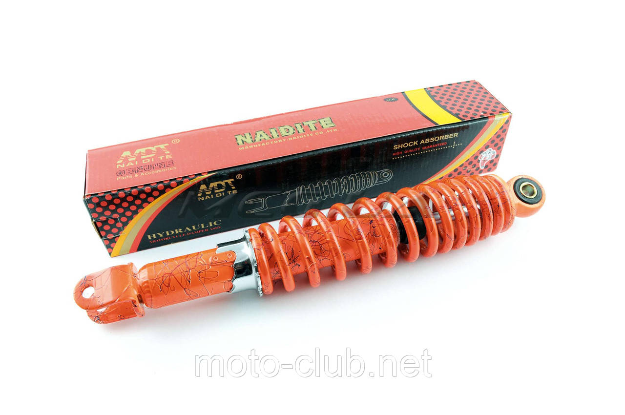 Амортизатор на скутер GY6, DIO ZX, LEAD 320 mm, регульований "NDT" (жовтогарячий + паутина)