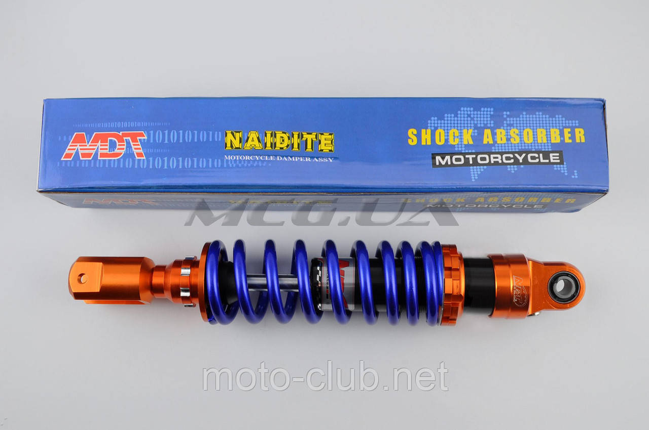 Амортизатор на скутер GY6, DIO ZX, LEAD 320 mm, тюнінговий "NDT" (жовтогарячо-синій)