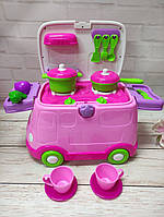 Детский игровой набор кухня на колесах машинка раскладывается плита посуда продукты звук свет 661-85/86