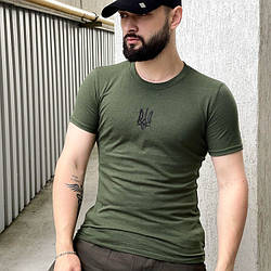 Чоловіча спортивна футболка з Гербом України хакі з Тризубцем вишивка