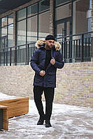 Куртка зимняя теплая мужская, Мужские парки зимние длинные, Куртка-парка стильная синяя с капюшо F