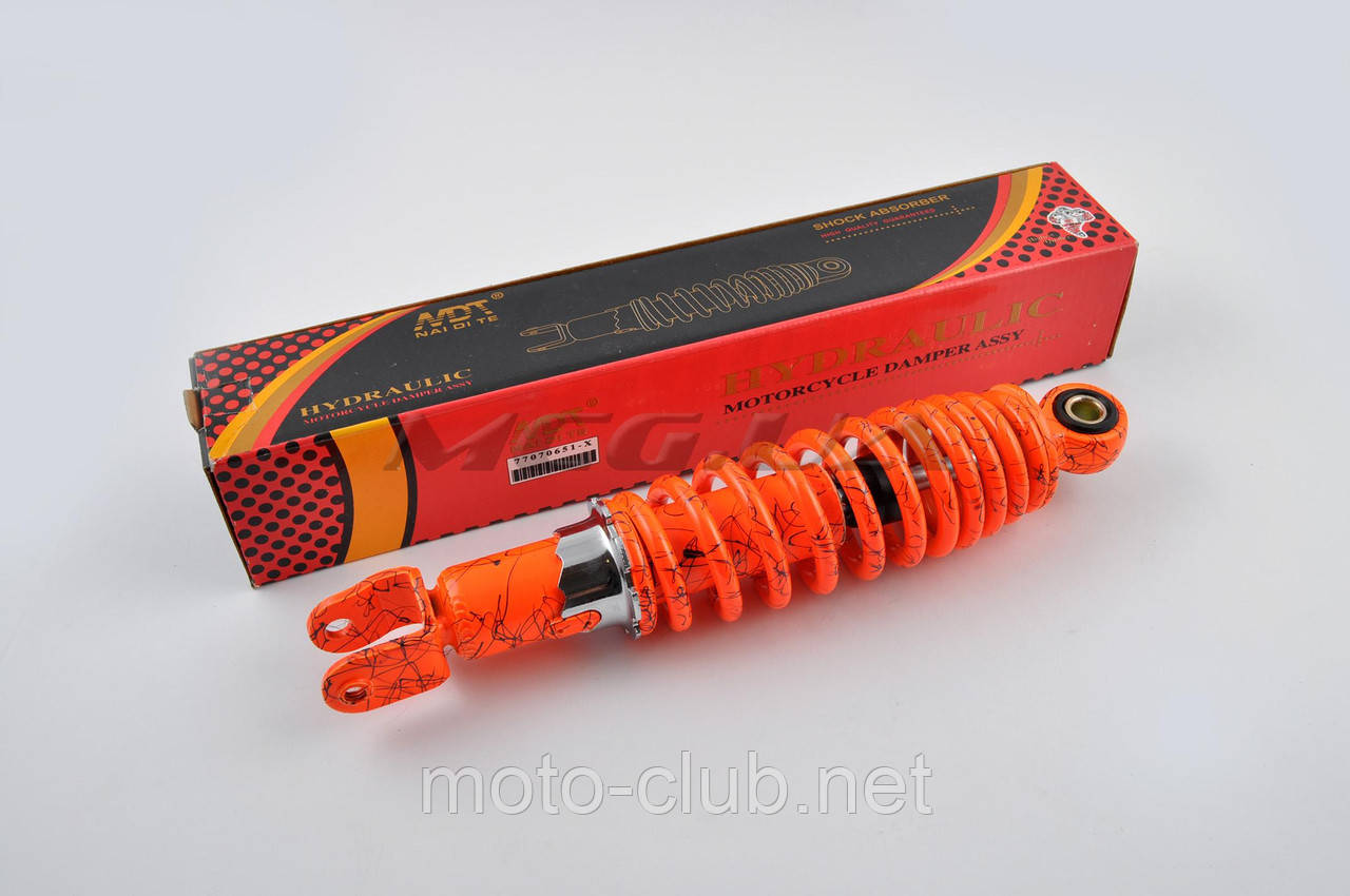 Амортизатор на скутер JOG 265mm, регульований "NDT" (помаранчевий +павутина)
