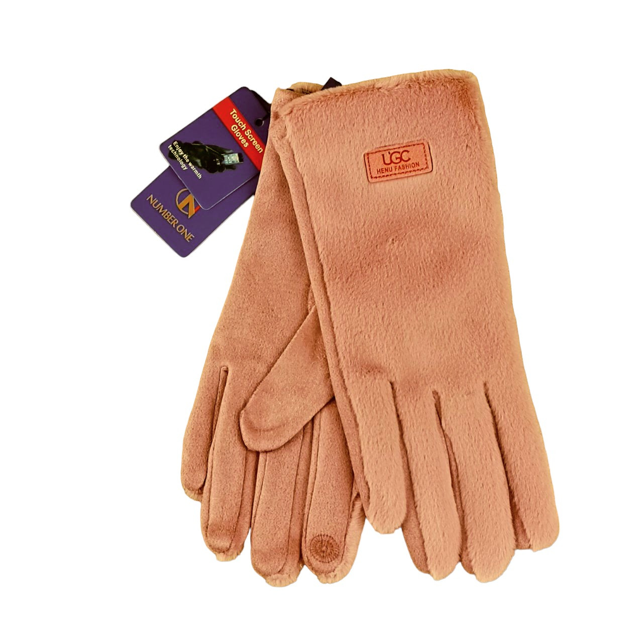 Рукавички жіночі сенсорні хутро+велюр з нашивкою осінь-зима розмір S-M рожевий, фото 1