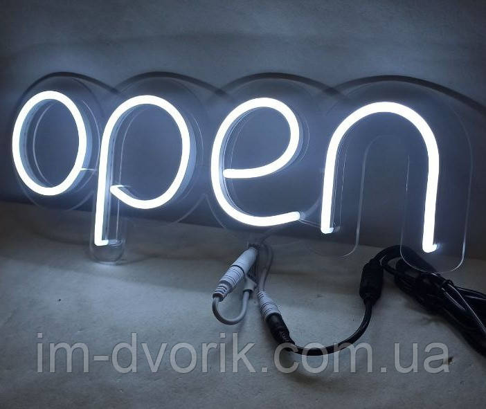 Неонова Led вивіска OPEN (відкрито) Біла 400х130 мм з пультом