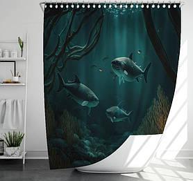 Штора для ванної з 3D принтом Підводний світ акули_02 150х200 см.