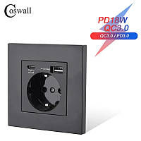 Розетка Coswall 18 вт 3А с USB и Type-C портами для зарядки чорная