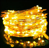 Гирлянда светлодиодная на батарейках 5 метров 50 led ламп Капля Росы Теплая белая (желтая)