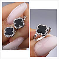 Комплект срібні сережки і кільце з оніксом Родій