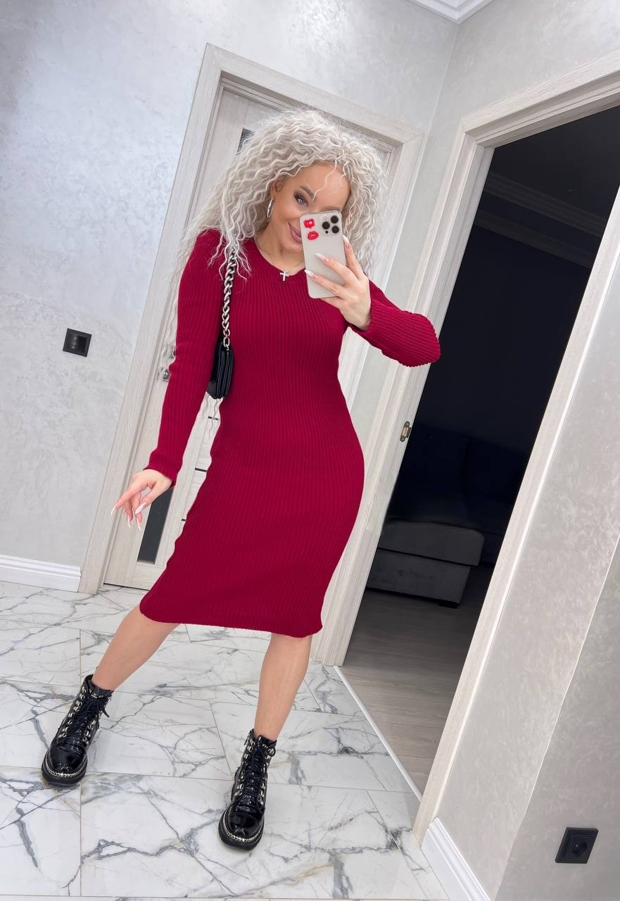 Стильна базова вёязана сукня міді рубчик "Лоліта" Модна повсякденна тепла сукня. Сукня для офісу, фото 1