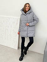 Зимняя куртка женская пуховик свободного кроя с капюшоном удлиненная матовая зефирка Люкс 42, 44, 46 Серый, M